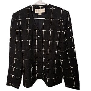 Doncaster Women Black White Button Career Windowpane Silk Jacket Blazer Size 8